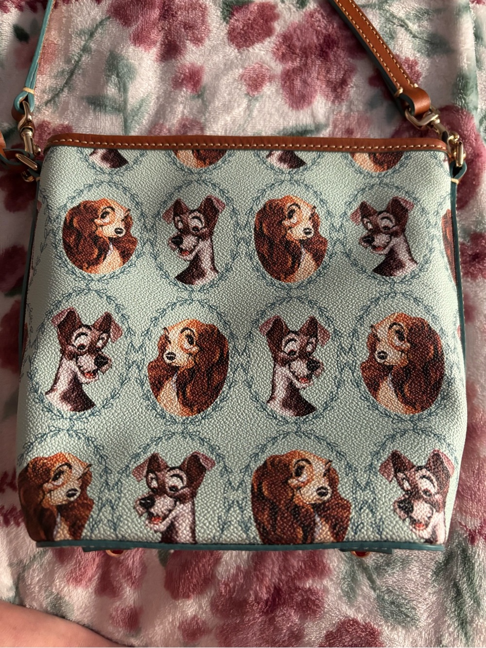 Lady and Tramp Pattern Crossbody Bag in Light Blue and Brown